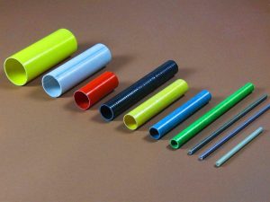 Assorted high-strength fiberglass reinforced plastic (FRP) round tubes in multiple colors and specifications, featuring hollow and solid structures for construction and engineering.