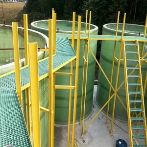 FRP fiberglass I-beam and grating walkway in chemical plant tank farm