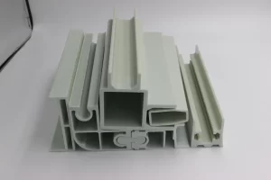 FRP pultruded profiles in various shapes, fiberglass structural extrusions including square tube, flat bar, custom sections for industrial use