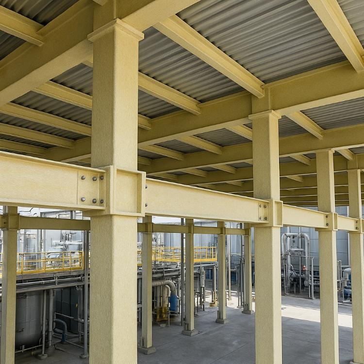 Structural support system made of FRP materials designed for high load-bearing performance, corrosion resistance, and long-term stability in industrial construction applications.
