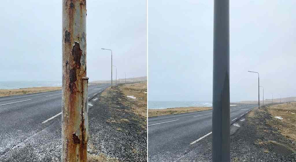 FRP column vs traditional steel column UV weathering comparison, fiberglass pole paint peeling vs rusted steel post