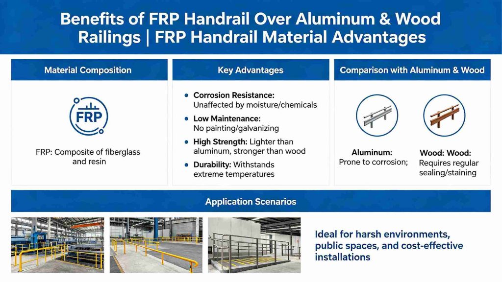 Benefits of FRP Handrail Over Aluminum and Wood Railings, FRP handrail material advantages comparison