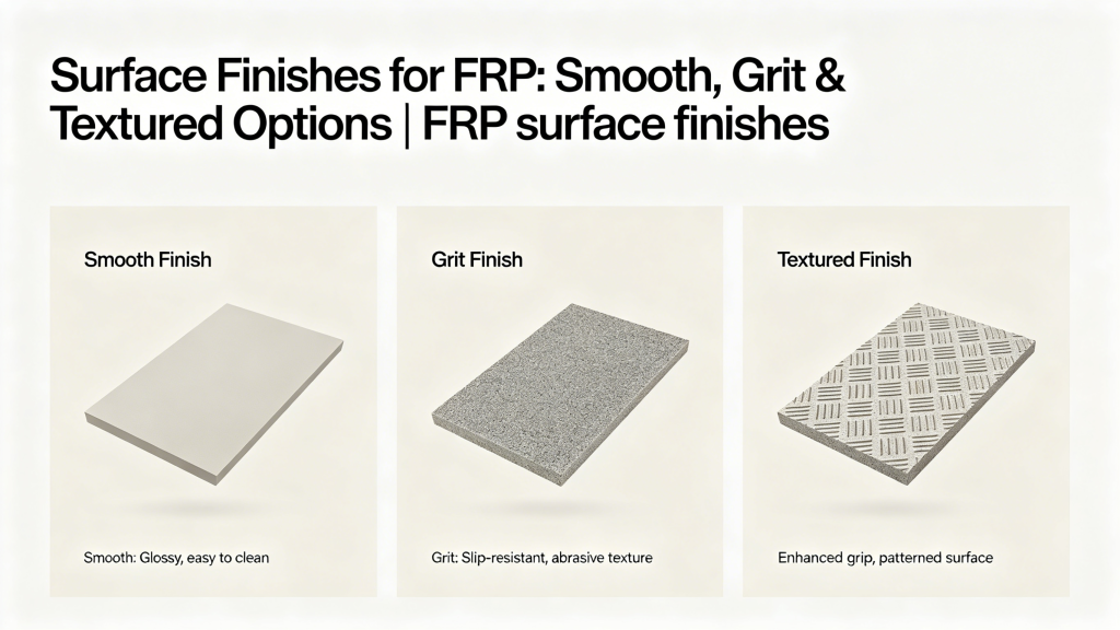 FRP surface finishes comparison, different smooth grit textured surface treatment of industrial fiberglass products