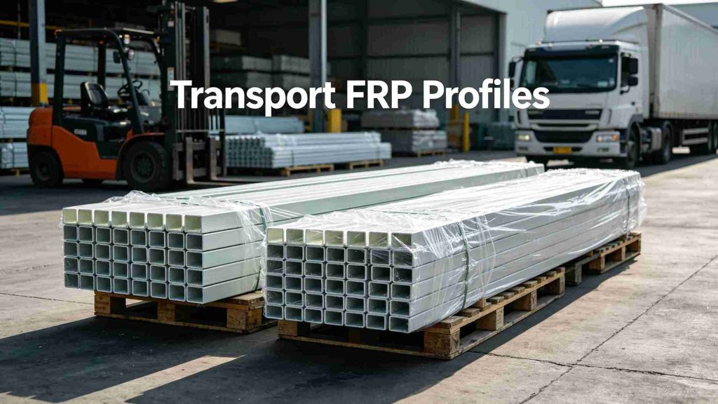 Safe transportation guide for FRP profiles, bulk fiberglass composite material profiles loading and logistics shipping operation in warehouse