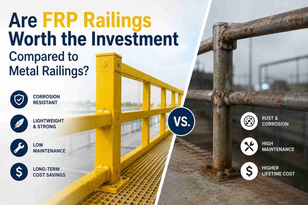 FRP railings compared to rusted metal railings on industrial walkway showing corrosion resistance, lightweight strength, and low maintenance benefits