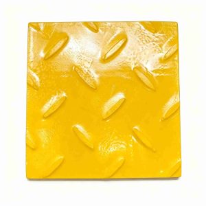 "Mingchi FRP anti-slip grating panels in yellow, featuring diamond plate texture, grit finish, and solid cover, for industrial walkways"