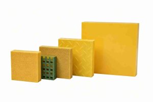 "Mingchi FRP anti-slip grating panels in yellow, featuring diamond plate texture, grit finish, and solid cover, for industrial walkways"