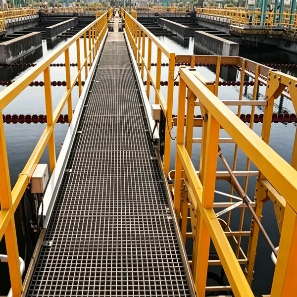 Yellow fiberglass anti-slip stair nosing on industrial FRP grating steps