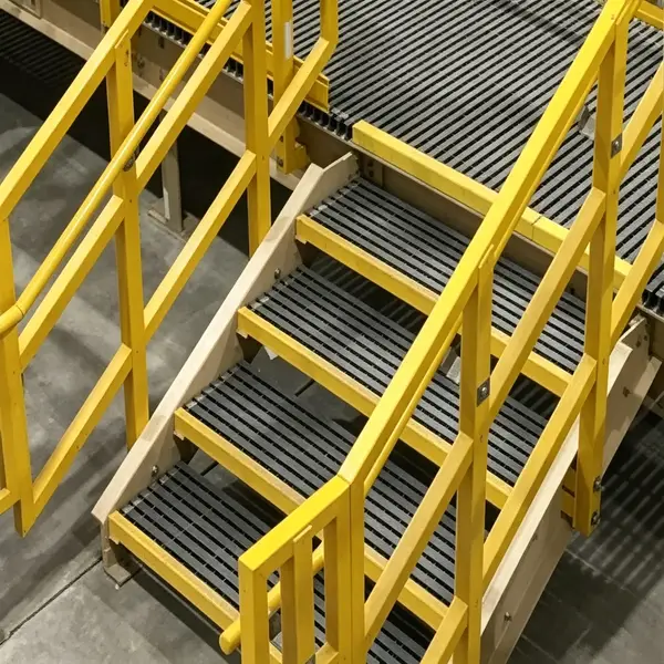 Yellow fiberglass anti-slip stair nosing on industrial FRP grating steps