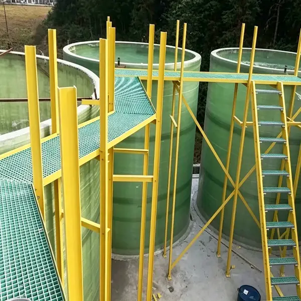 FRP fiberglass I-beam and grating walkway in chemical plant tank farm