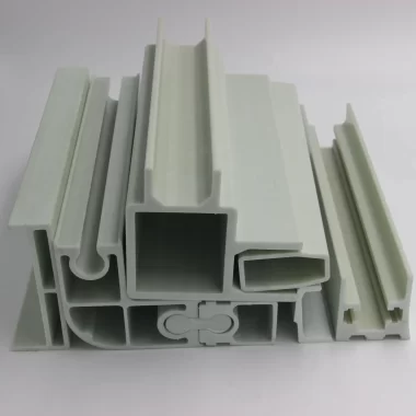FRP pultruded profiles in various shapes, fiberglass structural extrusions including square tube, flat bar, custom sections for industrial use