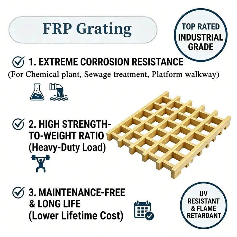 Mingchi FRP pultruded grating advantages infographic: corrosion resistant, high strength, maintenance-free industrial walkway