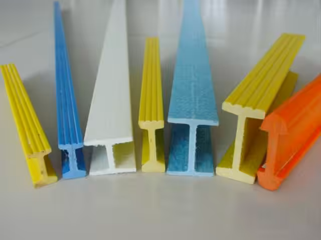 Various colored fiberglass reinforced plastic FRP structural profiles including I-beams