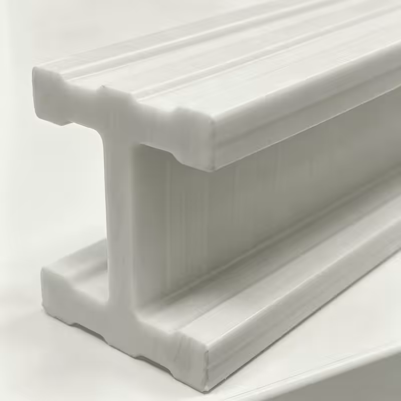 White pultruded FRP I-beam with textured fiberglass finish, corrosion-resistant structural support for industrial use