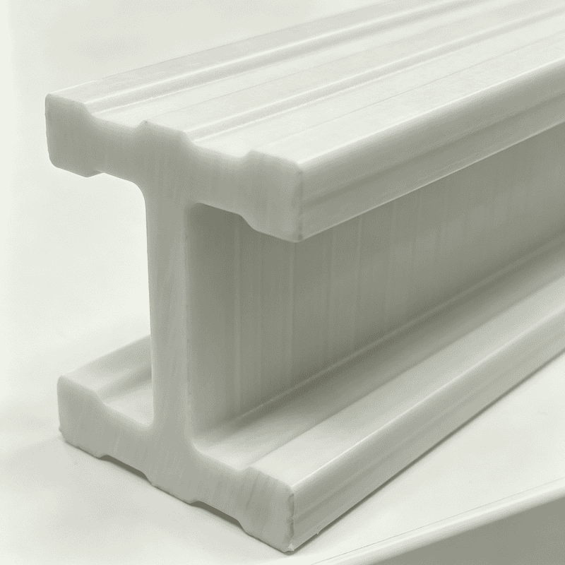 White pultruded FRP I-beam with textured fiberglass finish, corrosion-resistant structural support for industrial use