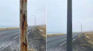 FRP column vs traditional steel column UV weathering comparison, fiberglass pole paint peeling vs rusted steel post