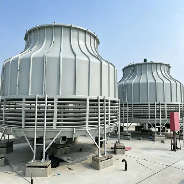 FRP cooling towers installed on an industrial rooftop for efficient heat dissipation and water cooling