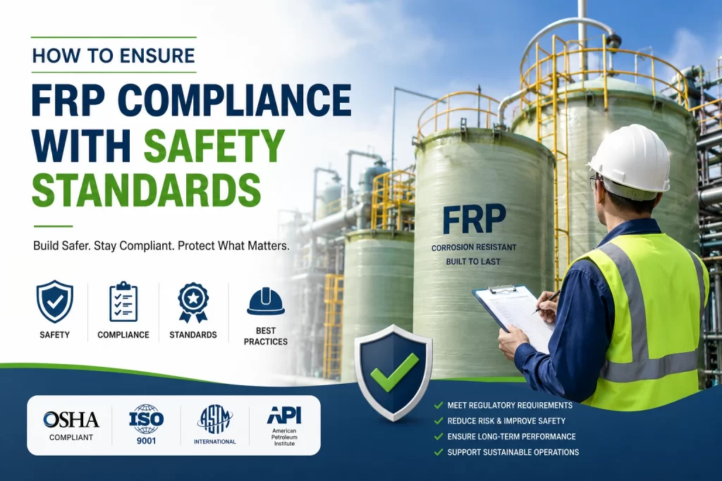 Industrial FRP safety standards compliance inspection with fiberglass storage tanks, certified corrosion-resistant FRP systems, and workplace safety engineering scene