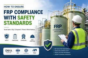 Industrial FRP safety standards compliance inspection with fiberglass storage tanks, certified corrosion-resistant FRP systems, and workplace safety engineering scene