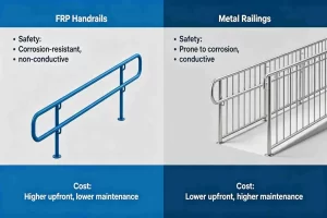 FRP vs Metal Railings comparative guide, safety performance, durability and cost difference analysis of fiberglass handrail and metal steel railing
