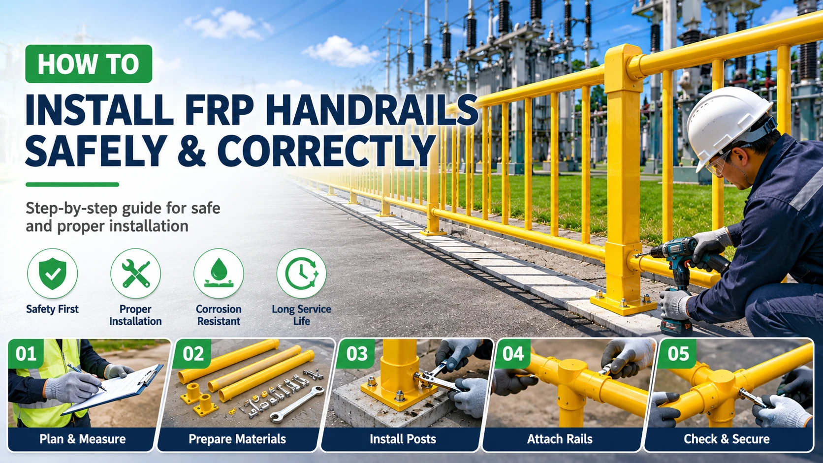 Step-by-step FRP handrail installation guide for industrial and electrical infrastructure safety applications with corrosion-resistant fiberglass railing system