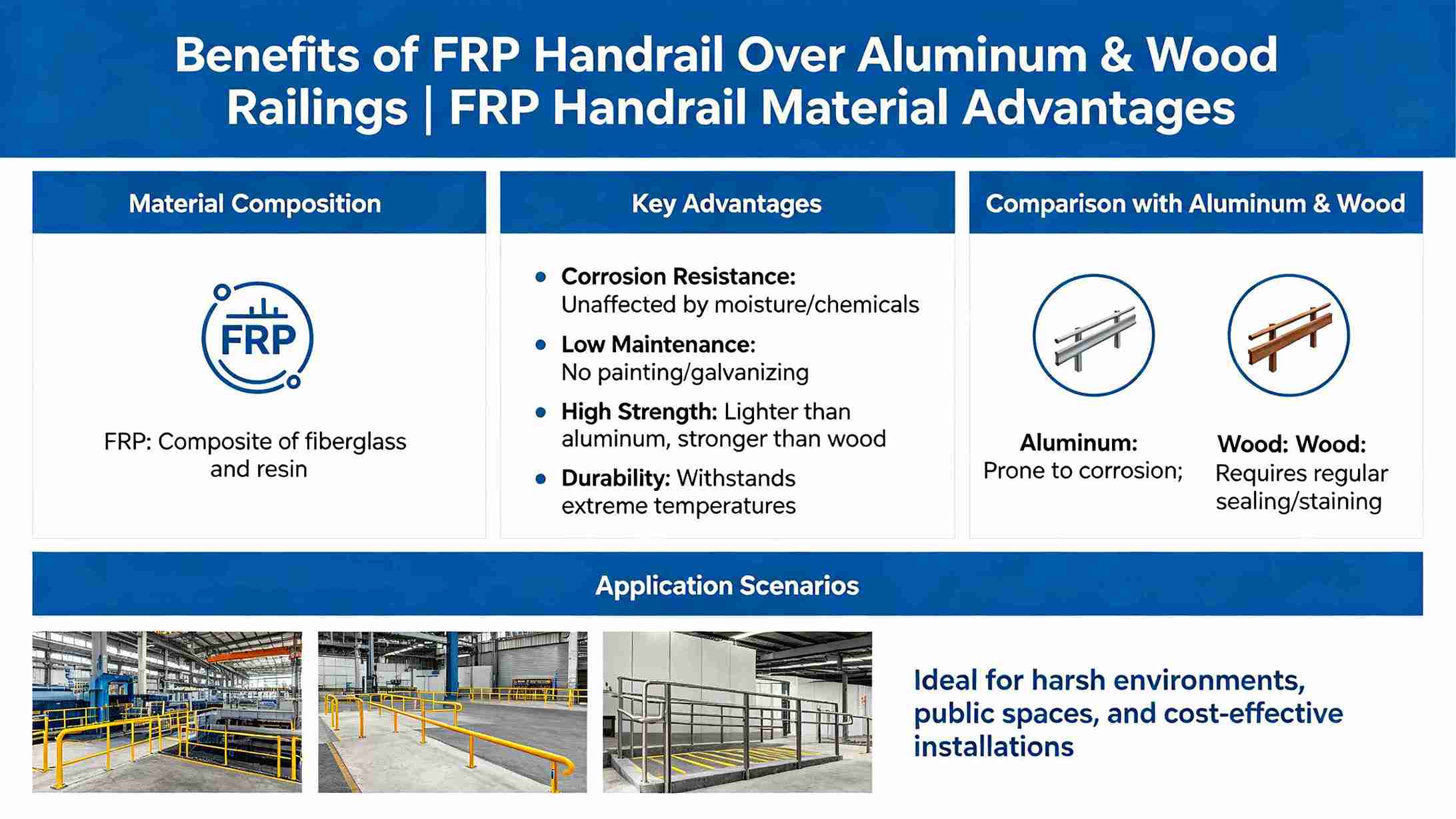 Benefits of FRP Handrail Over Aluminum and Wood Railings, FRP handrail material advantages comparison