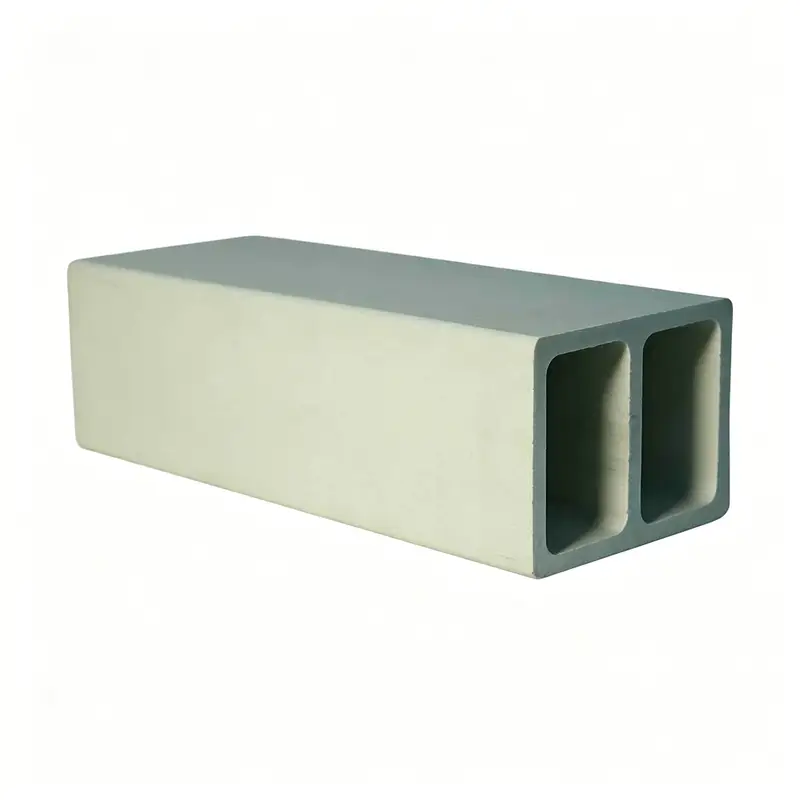 Light grey pultruded FRP rectangular tube with dual hollow chambers, corrosion-resistant fiberglass profile for structural support