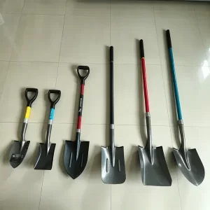 Assorted fiberglass handle garden shovels with multiple blade types