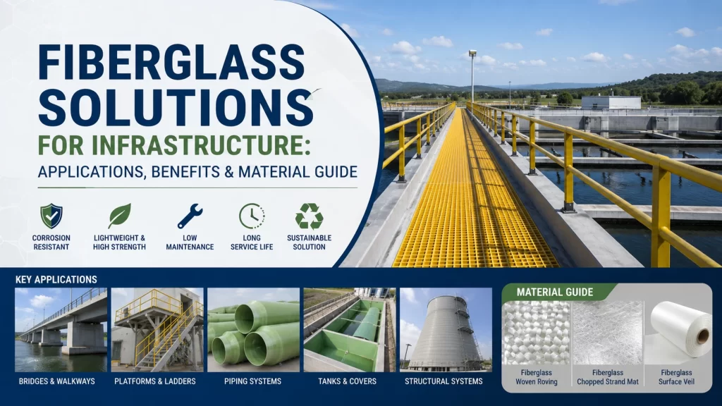 Fiberglass infrastructure solutions with FRP walkway grating, corrosion-resistant handrails, industrial piping systems, and structural composite applications for bridges and water treatment facilities.