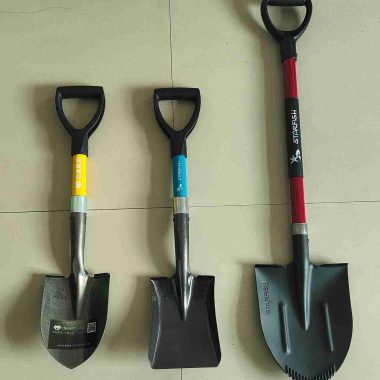Three different sizes of outdoor camping shovels with fiberglass handles