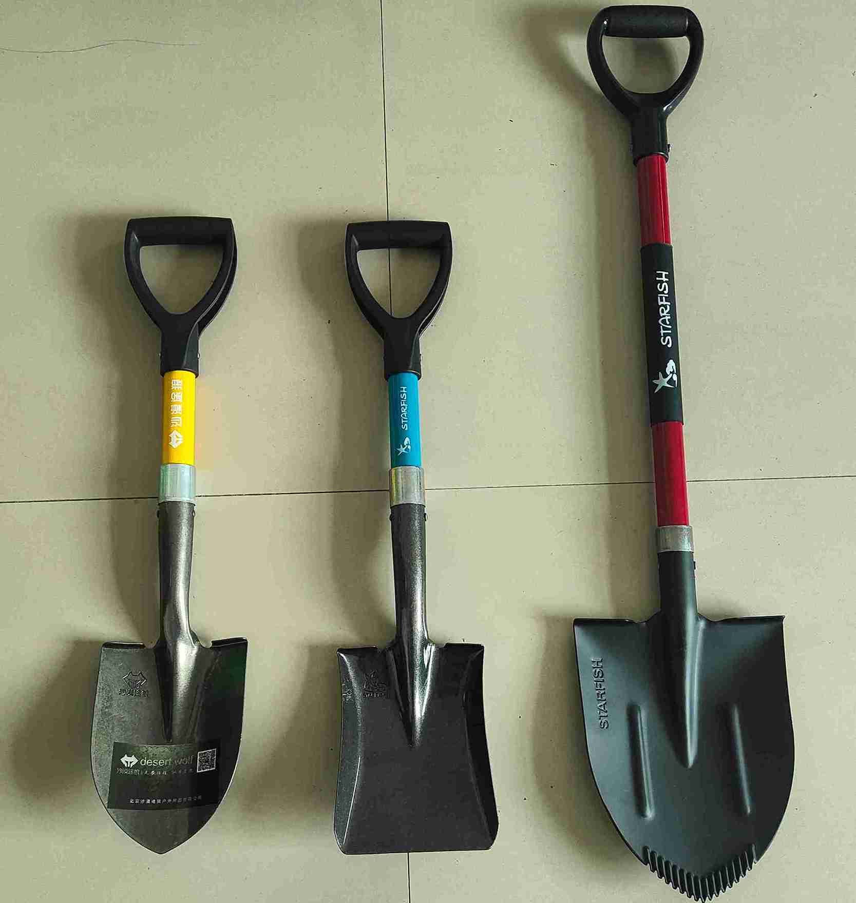 Three different sizes of outdoor camping shovels with fiberglass handles