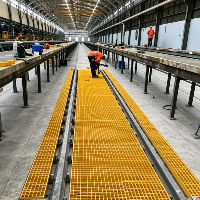 Bright yellow anti-slip FRP fiberglass grating installed along railway tracks in a maintenance workshop, providing safe industrial walkways for workers