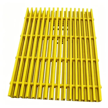 Yellow molded FRP grating, single panel on white background, corrosion-resistant fiberglass grating for industrial walkways and wastewater treatment plants
