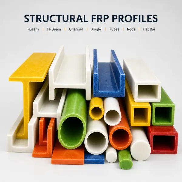 Colorful structural FRP profiles made from fiberglass reinforced plastic including I beams, channels, angles and tubes
