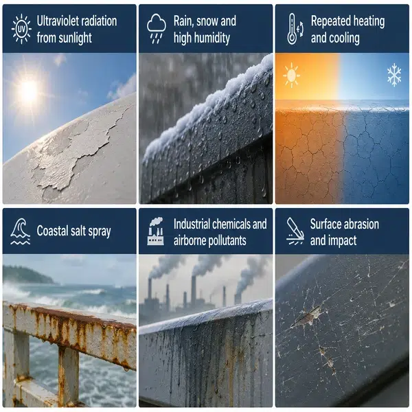 Environmental factors affecting outdoor FRP weathering, including UV radiation, rain, snow, humidity, temperature changes, salt spray, industrial chemicals, abrasion and impact.