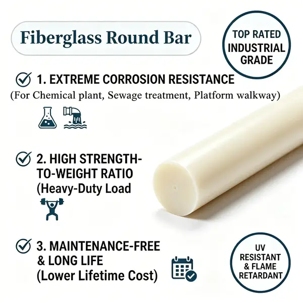 Close-up view of a smooth, white fiberglass solid round bar on a plain background, showing its solid cross-section and uniform surface finish