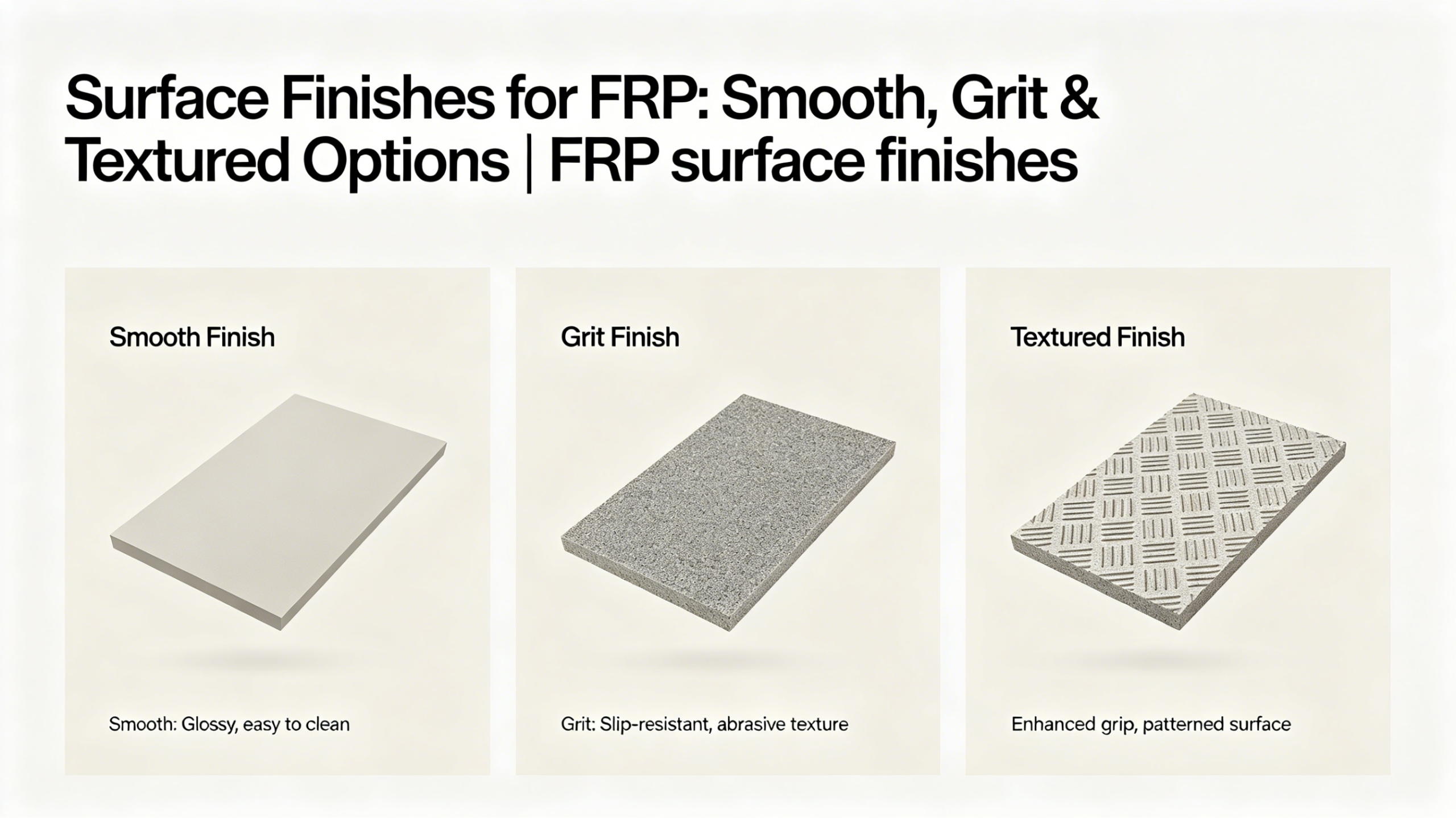 FRP surface finishes comparison, different smooth grit textured surface treatment of industrial fiberglass products