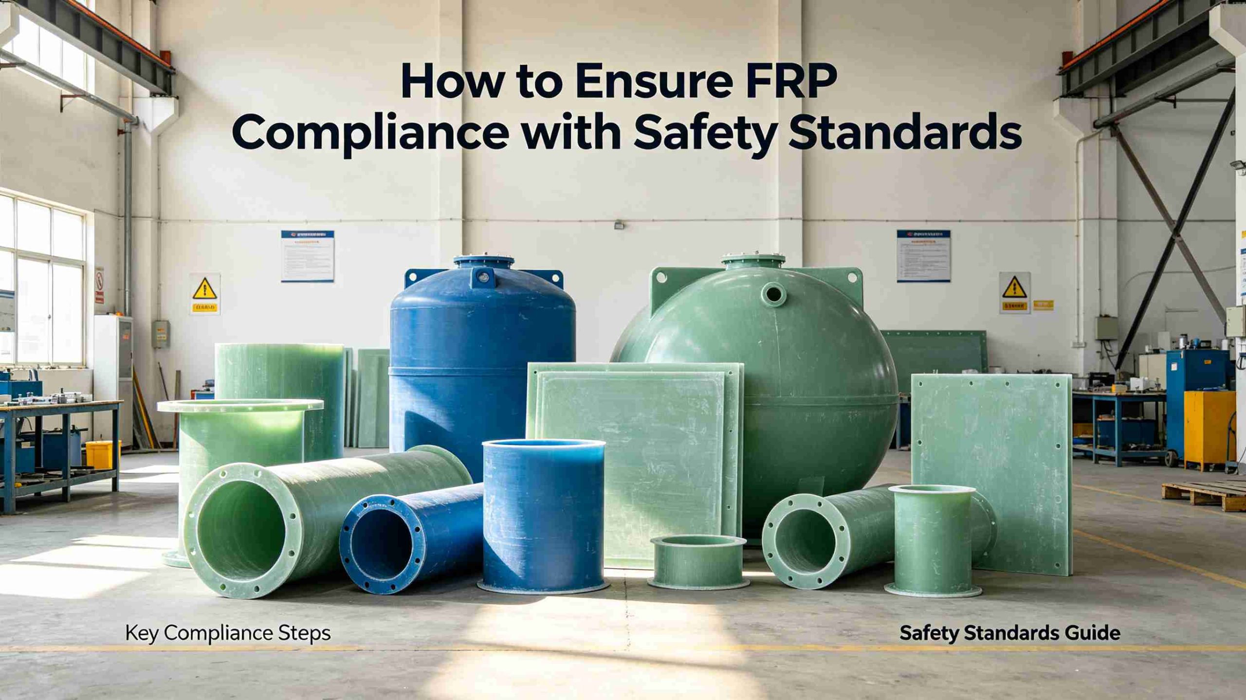 FRP Safety Standards Compliance, wide range of industrial fiberglass FRP pipes, tanks and composite profiles in manufacturing workshop