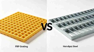 FRP Grating vs Hot-dip Galvanized Steel Grating comparison on white background, industrial mini mesh grating for platform and drainage.