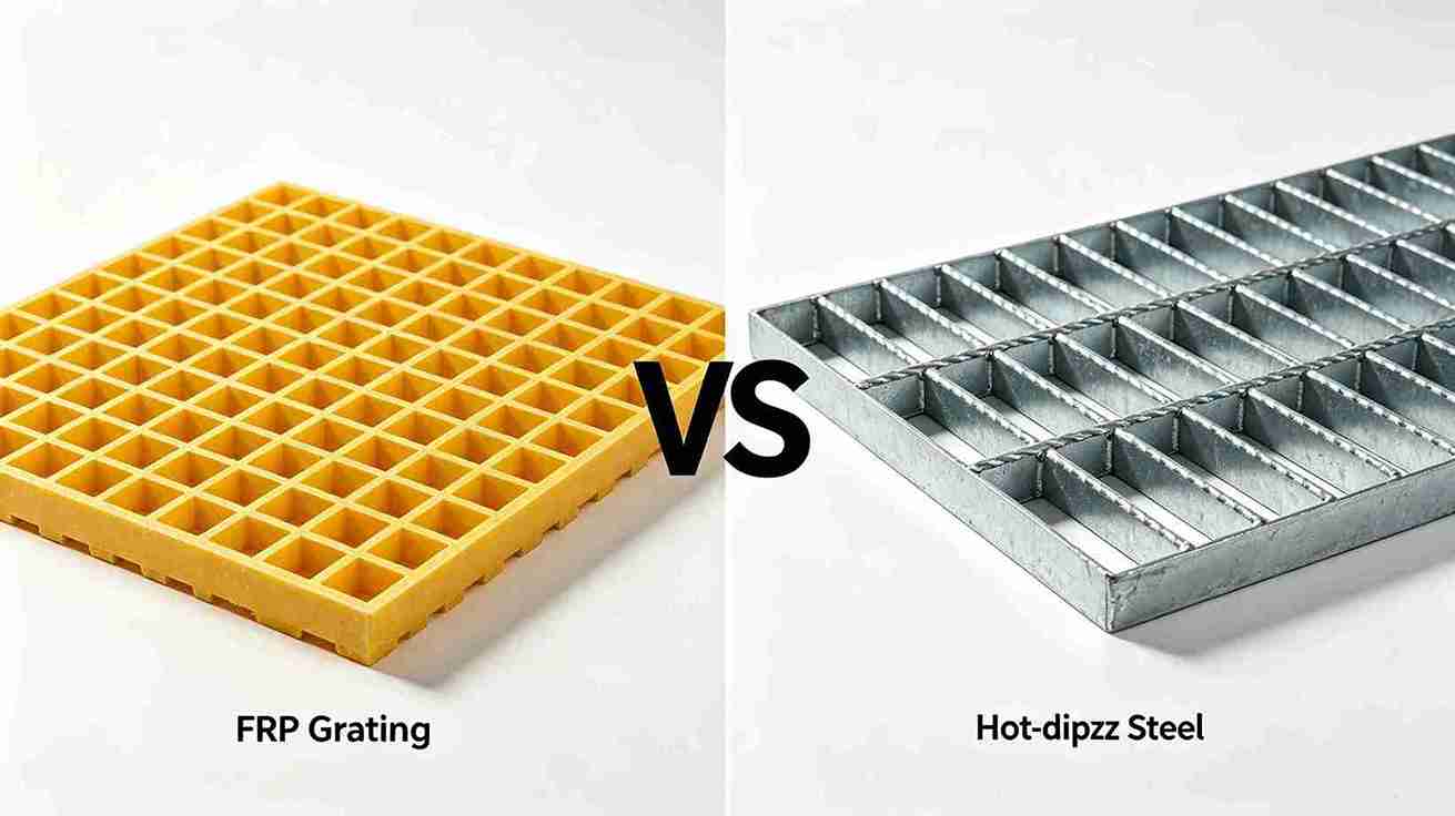 FRP Grating vs Hot-dip Galvanized Steel Grating comparison on white background, industrial mini mesh grating for platform and drainage.