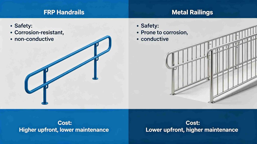 FRP vs Metal Railings comparative guide, safety performance, durability and cost difference analysis of fiberglass handrail and metal steel railing