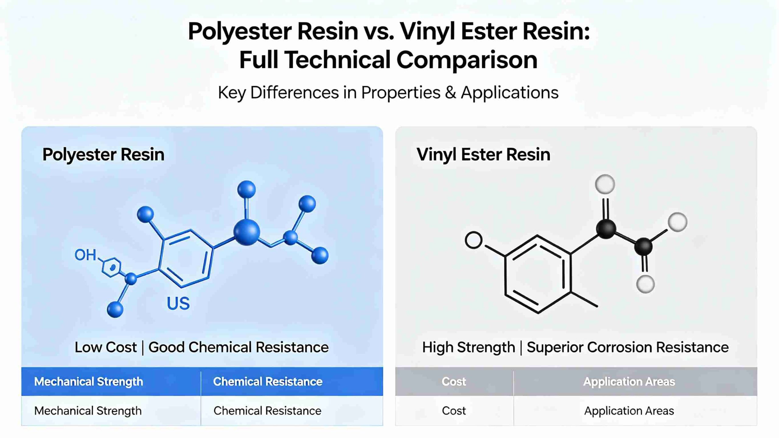 Full technical comparison of polyester vs vinyl ester resin for fiberglass composite materials