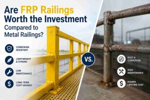 FRP railings compared to rusted metal railings on industrial walkway showing corrosion resistance, lightweight strength, and low maintenance benefits