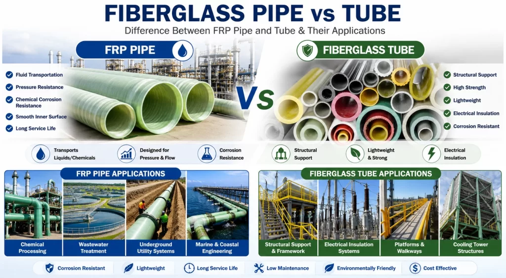 Fiberglass pipe vs tube comparison infographic showing FRP pipe used for fluid transportation and chemical resistance applications and fiberglass tube used for structural support, electrical insulation, and industrial frameworks with real-world application scenarios.