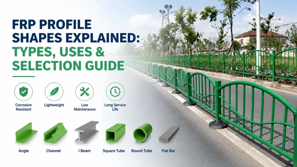 FRP profile cross section shapes used in roadside barrier and infrastructure applications including fiberglass angle, channel, I beam and tube profiles.