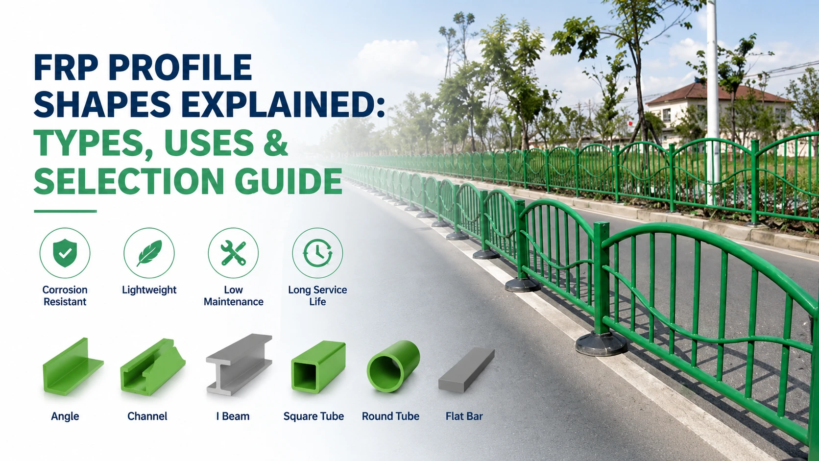 FRP profile cross section shapes used in roadside barrier and infrastructure applications including fiberglass angle, channel, I beam and tube profiles.