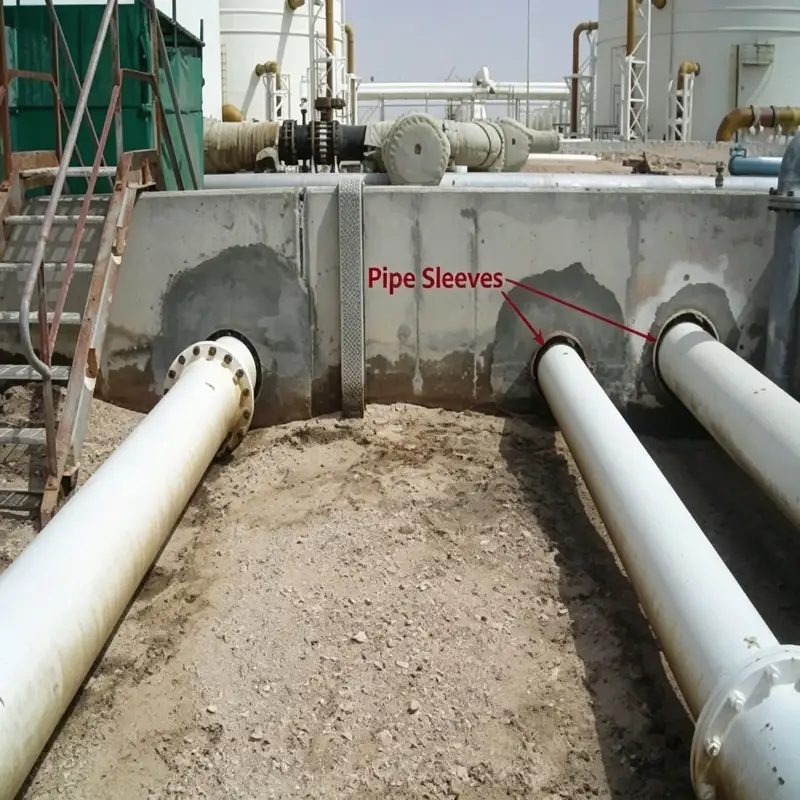 FRP pipe sleeves installed on industrial concrete wall for pipeline protection in chemical plant