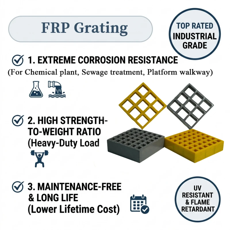 FRP Grating infographic showing key benefits: corrosion resistance, high strength-to-weight ratio, maintenance-free long life, industrial grade fiberglass grating