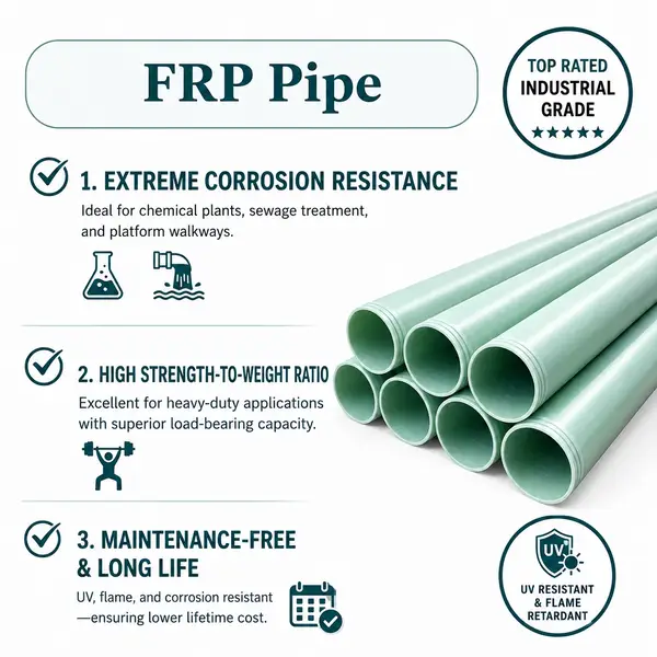 FRP Pipe industrial-grade infographic showing corrosion-resistant fiberglass pipes for chemical plants, sewage treatment, and heavy-duty industrial applications with UV-resistant and maintenance-free features.
