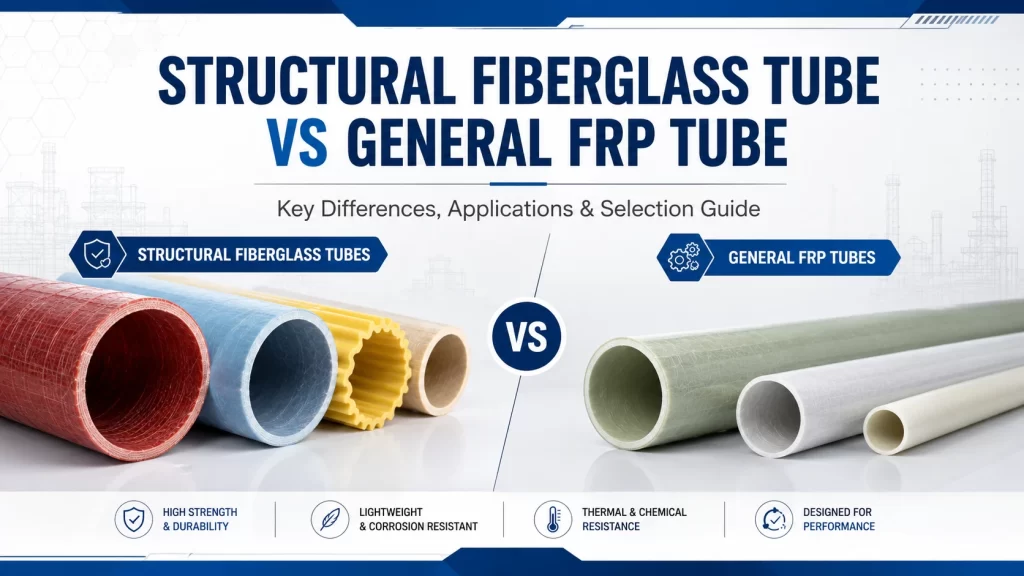 Structural Fiberglass Tube vs General FRP Tube comparison chart with different colored fiberglass pipes, highlighting high strength, corrosion resistance, and lightweight features
